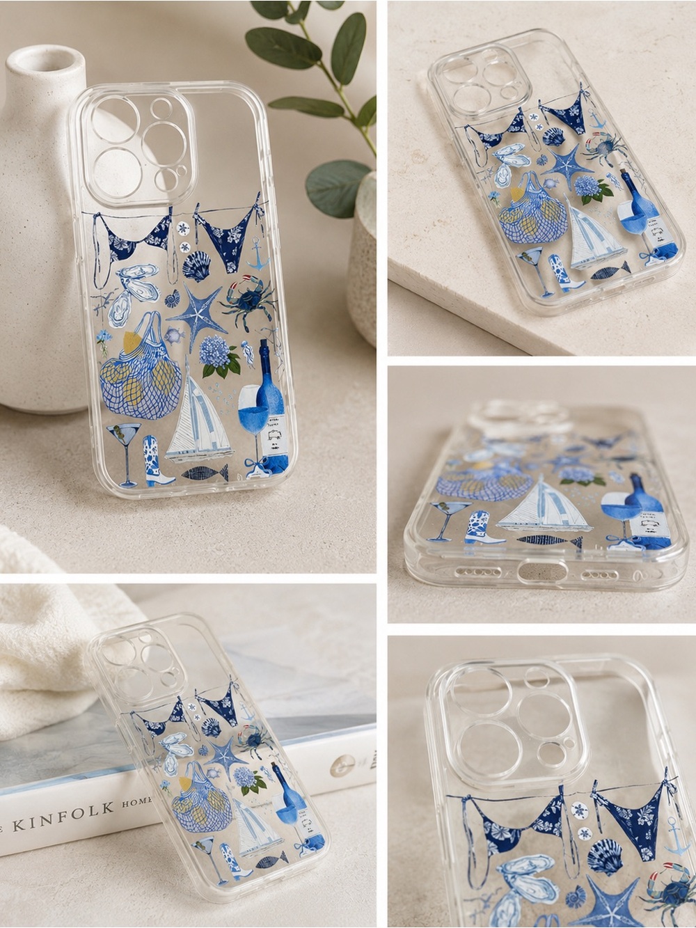 Clear Coastal Collage Case Blue Pink Beach Print iPhone 16 Pro